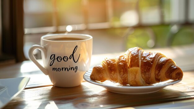 Photo healthy breakfast with croissant and coffee on the wooden table cup with good morning words
