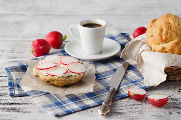 healthy breakfast with fresh tomato and coffee