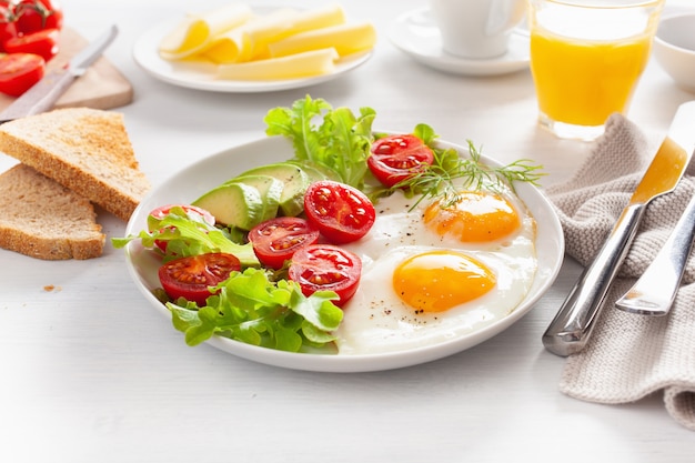 Healthy breakfast with fried eggs, avocado, tomato, toasts and coffee