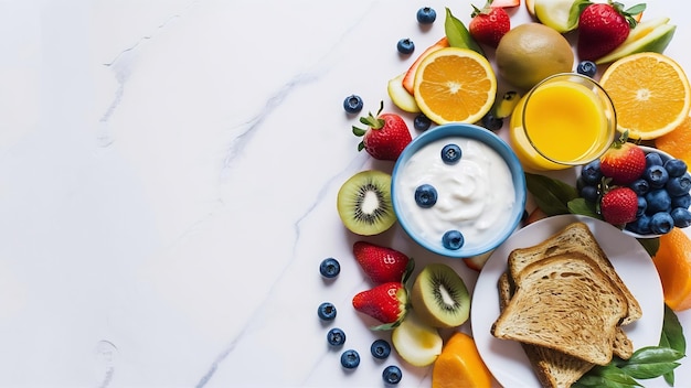 Healthy breakfast with fruits on white background