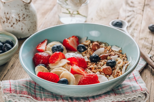 Healthy breakfast with granola and fruits