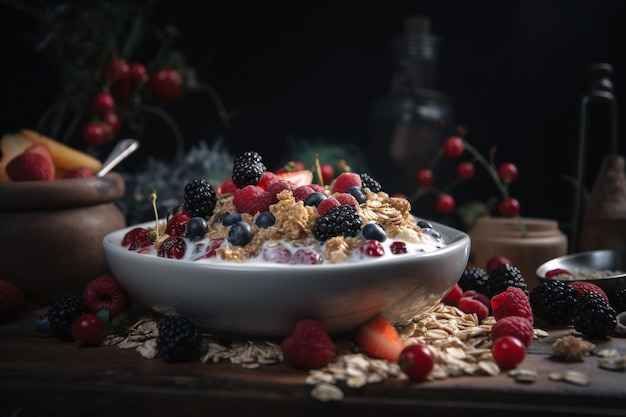 Healthy breakfast with muesli berries and oatmeal on dark background Generative AI