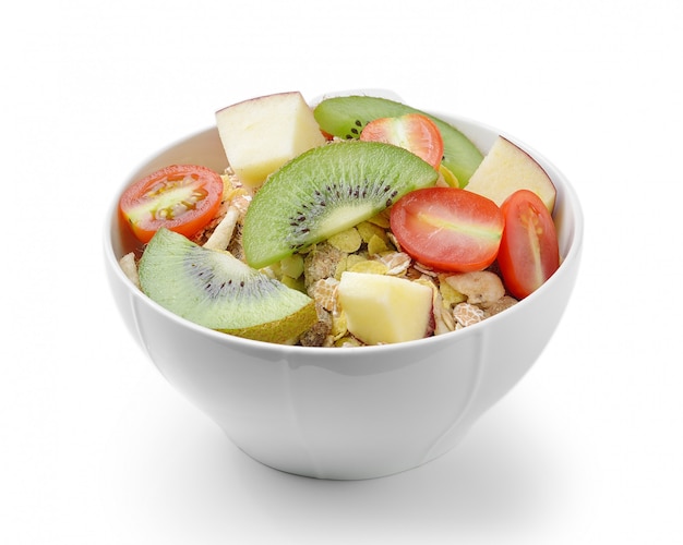 Healthy breakfast with muesli isolated on white