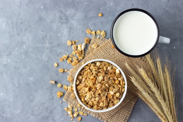 Healthy breakfast with muesli and milk. Top view with copy space.