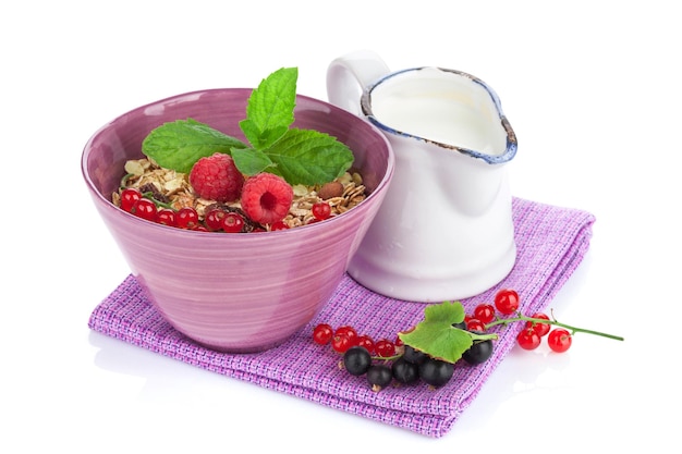 Healthy breakfast with muesli and milk