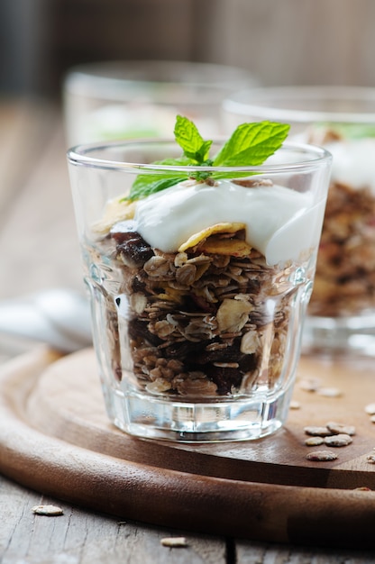 Healthy breakfast with muesli and yogurt