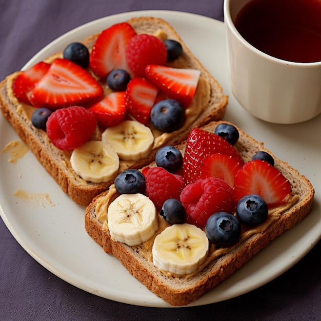 健康的な朝食とトーストのベリーとお茶