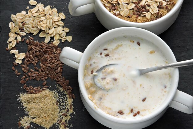 Healthy breakfast with yogurt bran and seeds Healthy food Diet food