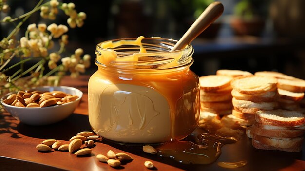 healthy breakfast with yogurt and granola in glass jar on wooden table