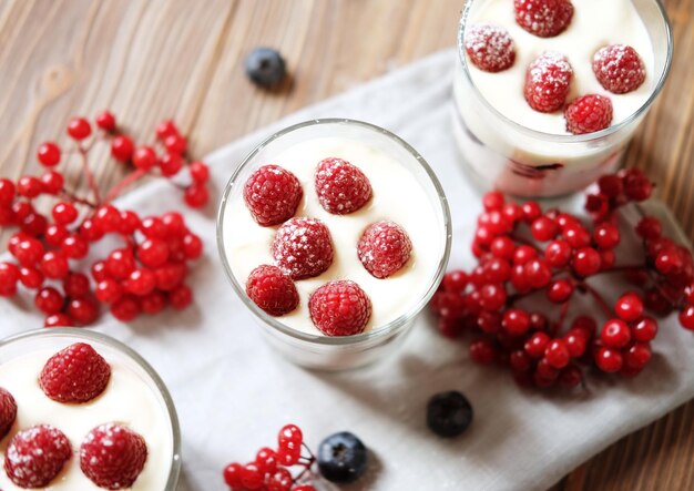 Healthy breakfast with yogurt and granola Top view Close up