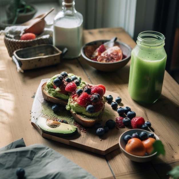 Foto colazione sana un tavolo di legno sormontato da un panino alla frutta bacche e frullato verde immagine ai generativa