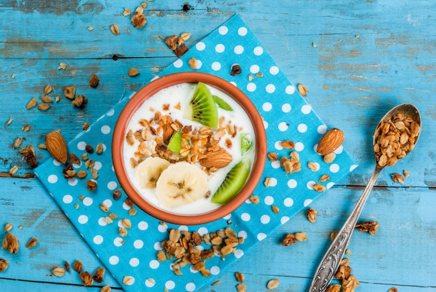 Фото Здоровый завтрак: йогурт с мюсли, бананом и киви