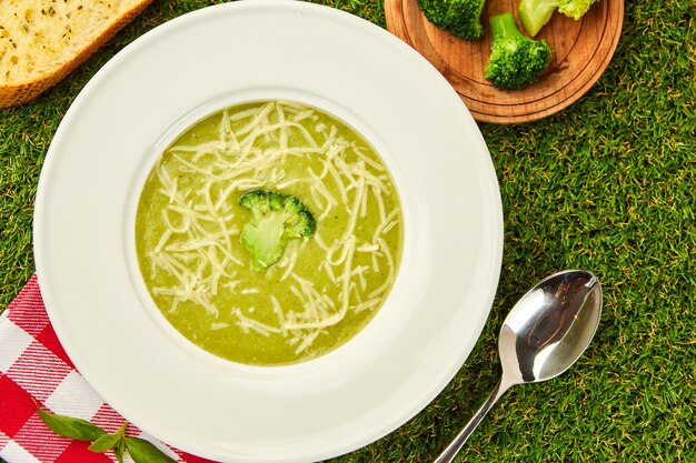 Healthy broccoli cream soup in bowl on green grass