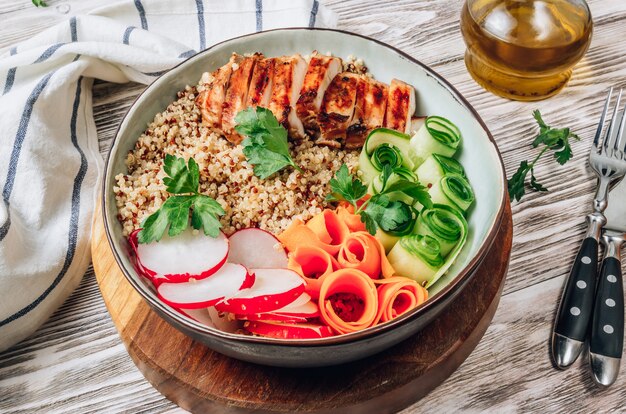Healthy buddha bowl lunch with grilled chicken