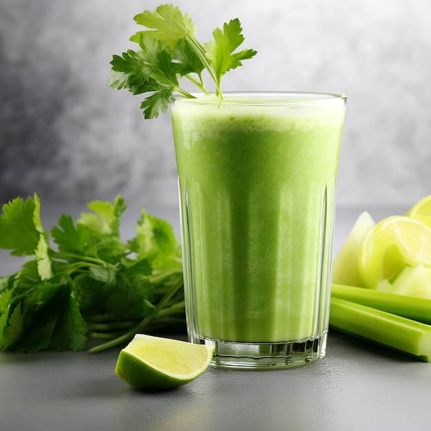 Healthy celery stem drink in a glass glass on a dark background Generative Ai