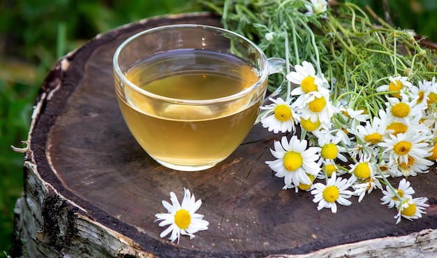 Photo healthy chamomile tea on a wooden background. nature. selective focus