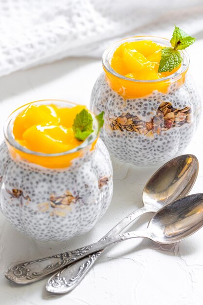 Healthy chia pudding with coconut milk mango chia seeds granola in a glass