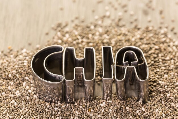 Healthy Chia seeds in a chia sign close-up.