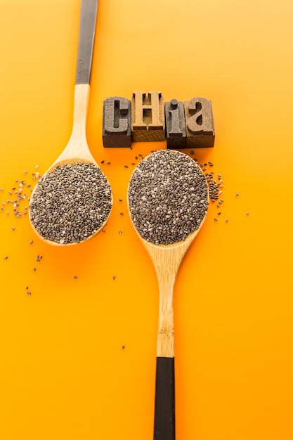 Healthy Chia seeds with chia wooden sign close-up.