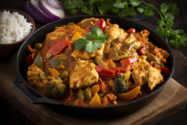 Healthy chicken tikka masala stir fry with veggies and spices created with generative ai