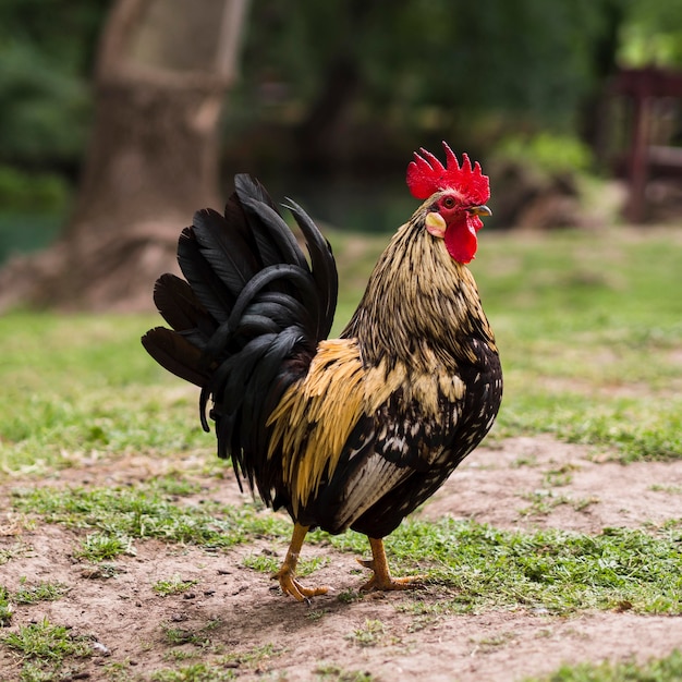 Foto pollo sano che cammina all'aperto