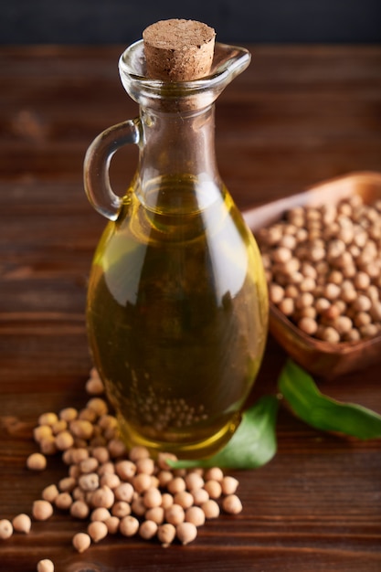 Healthy Chickpea oil in glass bottles.