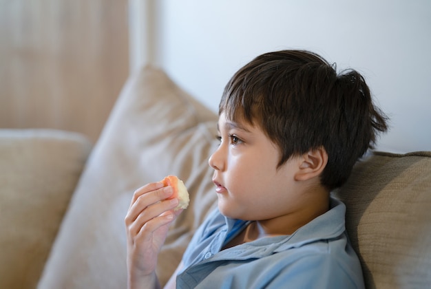 テレビを見ながら赤いリンゴを食べる健康な子供、彼のスナックのために新鮮な果物を食べるかわいい男の子、食べ物を食べる子供の顔を閉じます。子供のための健康食品の概念