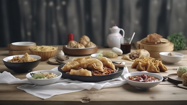 Healthy chinese food on a rustic white wooden table Copy space