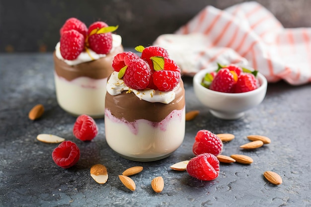 Healthy chocolate and yogurt layered dessert with raspberry