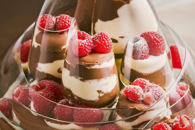 Healthy chocolate and yogurt layered dessert with raspberry