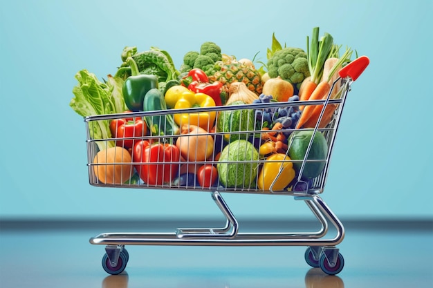 Healthy choices Shopping cart brimming with a variety of fresh produce