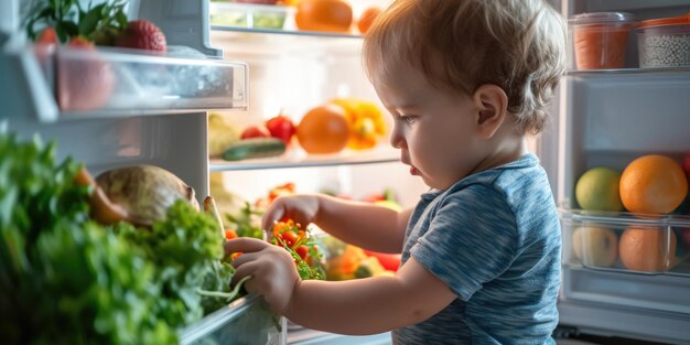 写真 健康的な選択 幼児が冷蔵庫の新鮮な野菜に手を伸ばす