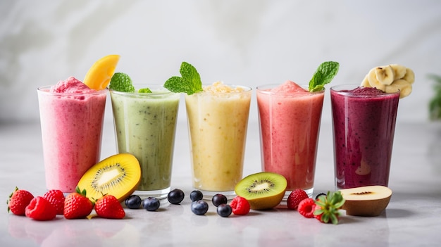 Healthy colorful smoothies with fresh fruits on white backgorund