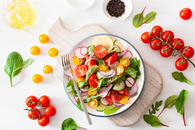 Healthy colorful vegan tomato salad with cucumber, radish, onion