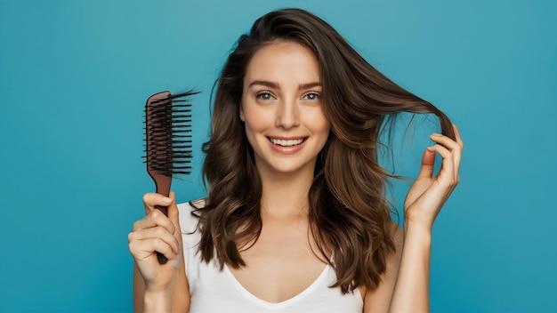 Healthy concept woman show her brush with damaged long loss hair