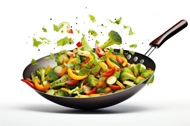 Healthy cooking with various chopped vegetables in a pan on a white background promoting nutrition a