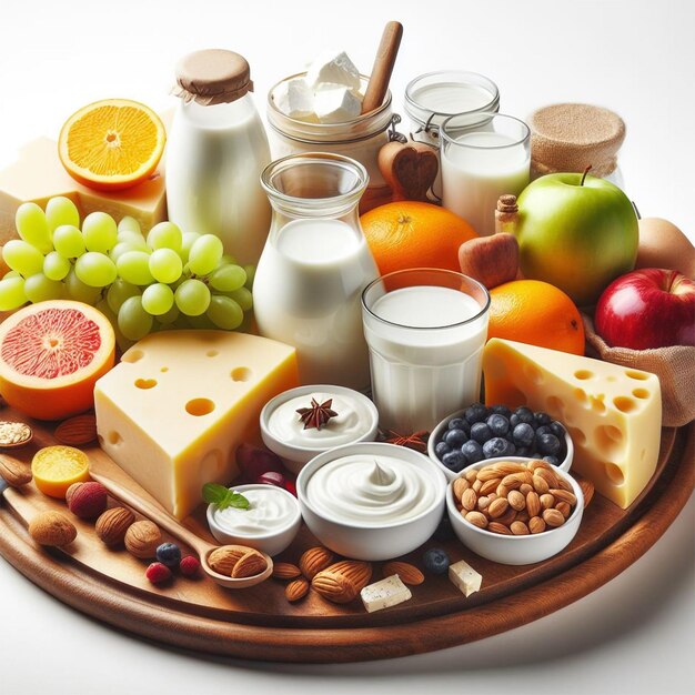Foto prodotti lattiero-caseari salutari latte yogurt formaggio frutta e noci