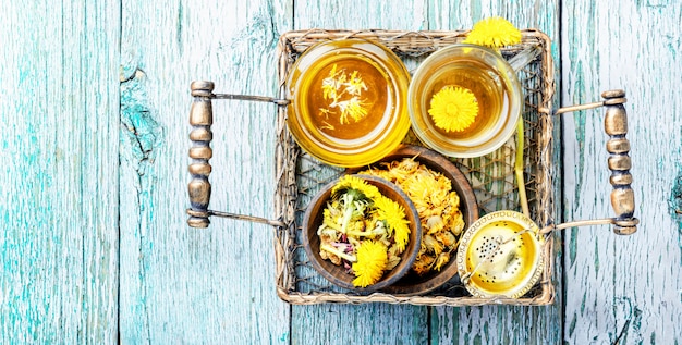 Healthy dandelion honey and tea