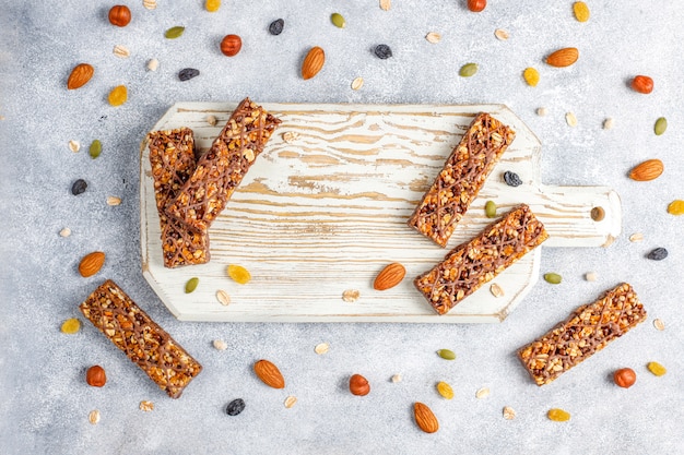 Healthy delicios granola bars with chocolate,muesli bars with nuts and dry fruits,top view