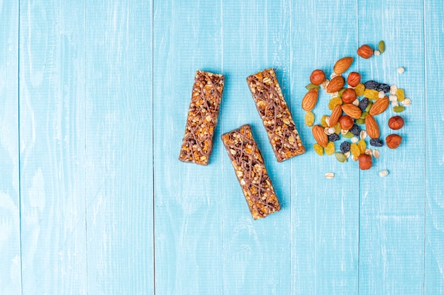 Healthy delicios granola bars with chocolate,muesli bars with nuts and dry fruits,top view