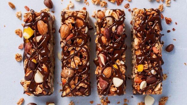 Photo healthy delicios granola bars with chocolate muesli bars with nuts and dry fruits top view