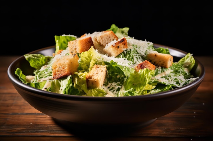 Photo healthy and delicious caesar salad isolated on black background
