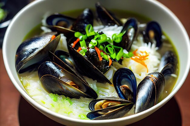 Healthy delicious seafood soup with mussels with cream sauce and herbs