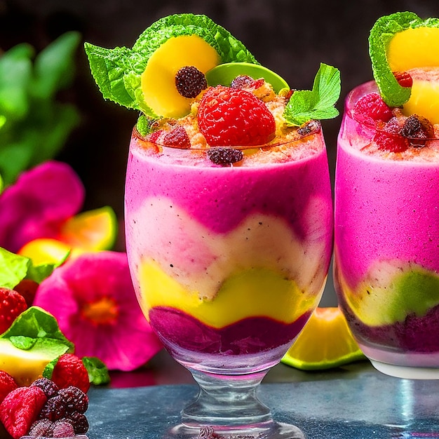 Healthy Delicious smoothie drink Experimental decoration Different variation of color topping tro