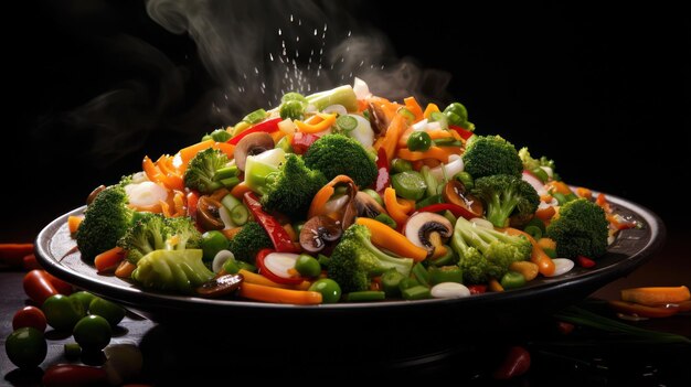 Healthy delicious vegan stir fry dish mushroom broccoli vegetables