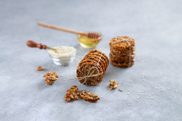 Healthy dessert snacks with sunflower seeds, pumpkin seeds, sesame and honey