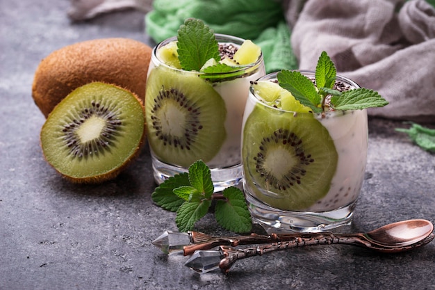 Healthy dessert with kiwi  and chia seeds. Selective focus