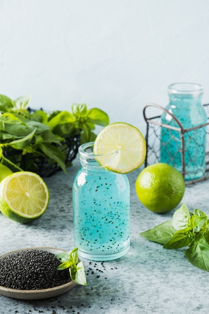 Healthy detox beverage with basil seeds and lime