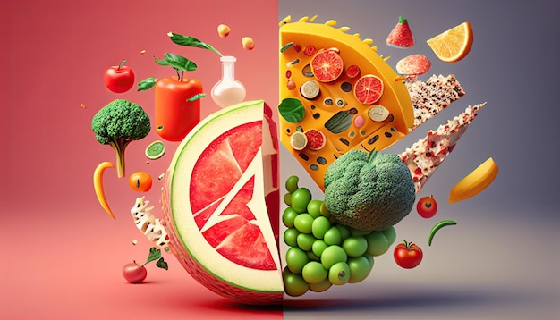 Фото Концепция здорового питания с фруктовым и овощным фоном generative ai
