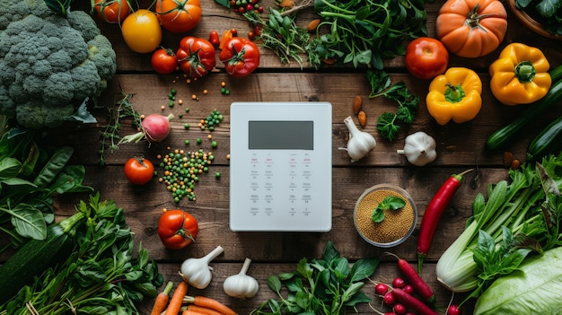 Photo healthy diet digital kitchen scale surrounded by fresh produce